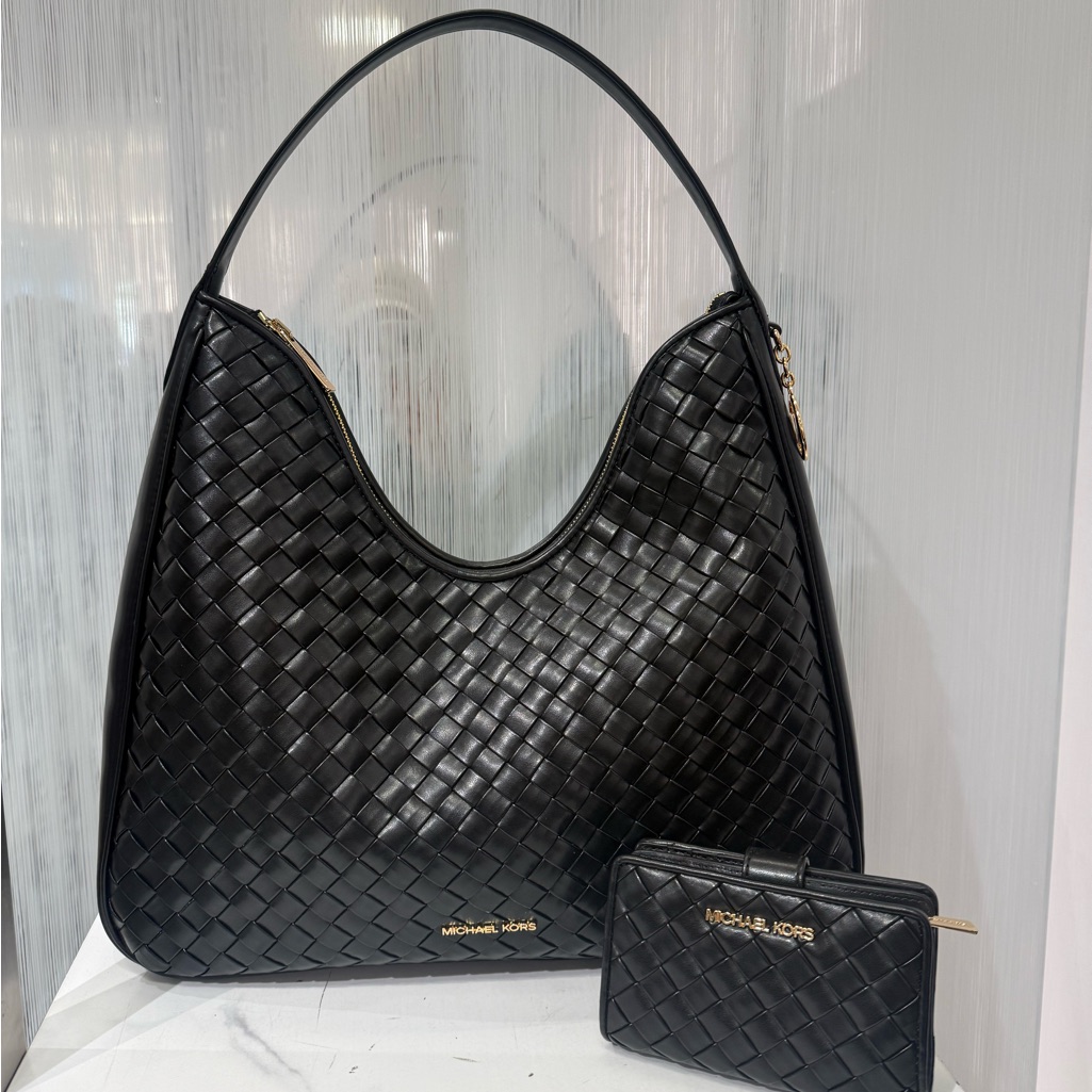 New Set Michael Kors Nayla Medium Woven Shoulder Bag Moss And Jet Set Wallet